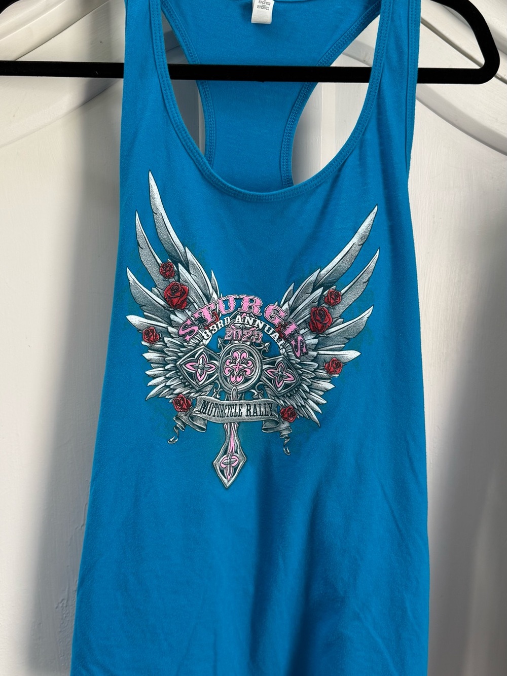 Sturges Blue Graphic Racerback Tank Top with Winged Rose Design